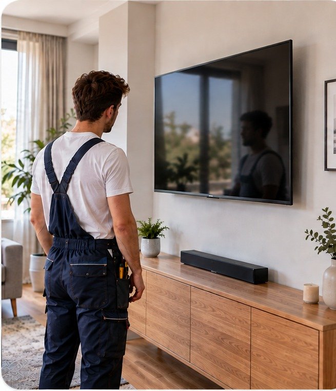 Handyman checking a completed wall-mounted television installation