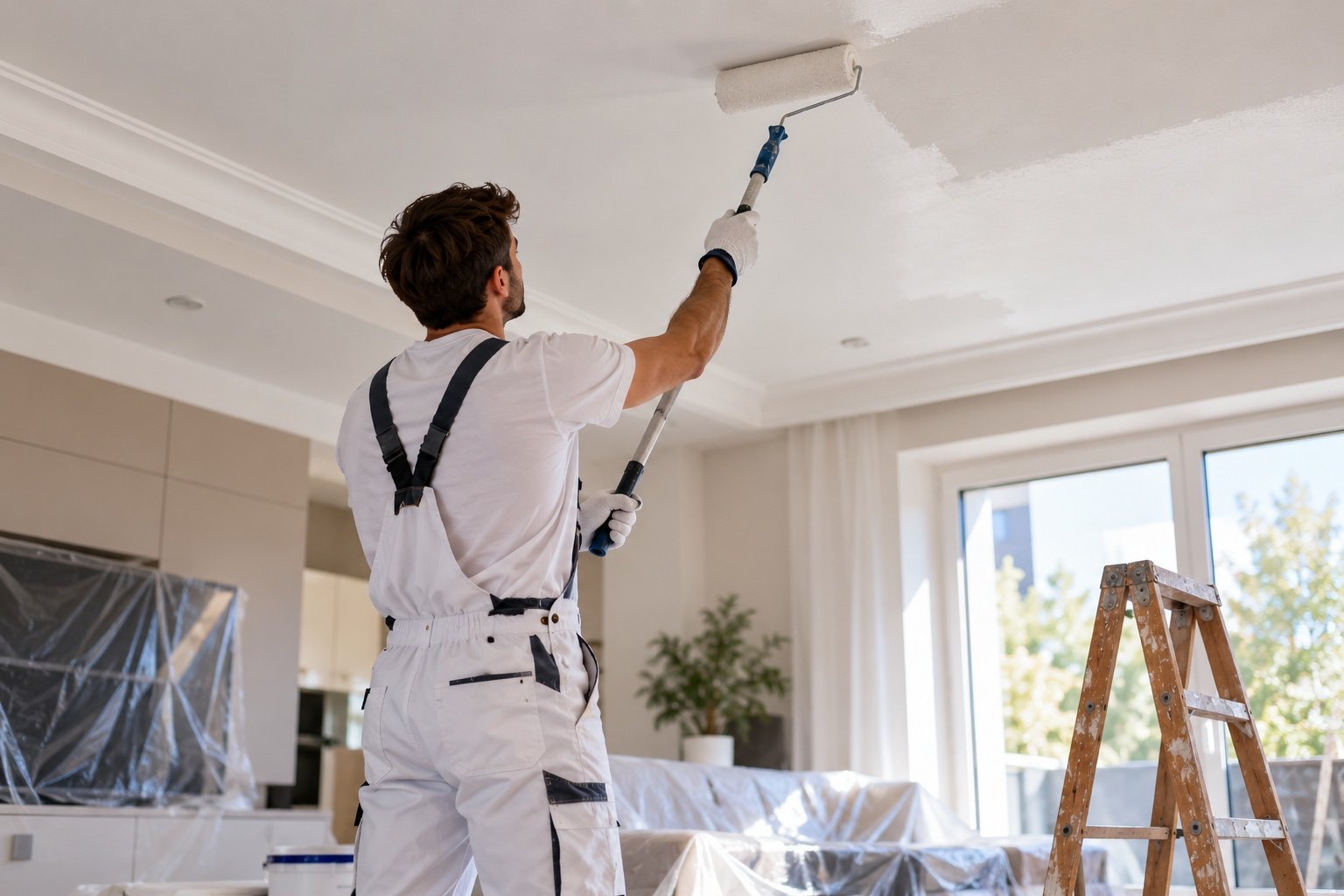 Painter carefully painting a ceiling in a protected living room