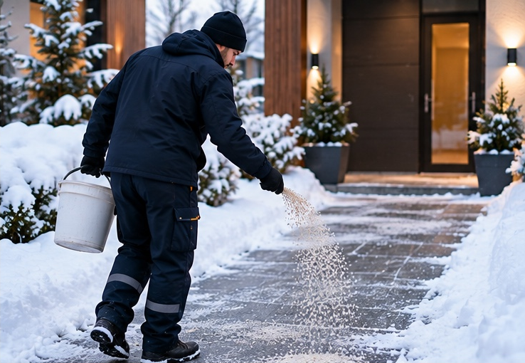 Worker spreading grit for traction on a cleared path